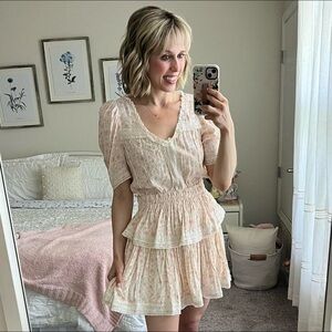 Blush Pink Floral Lace Trim Ruffle Skirt Dress